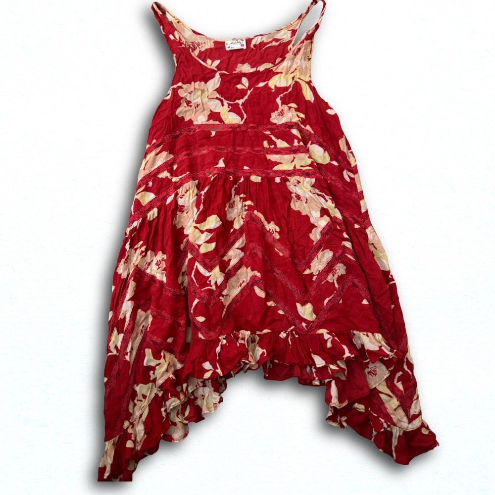 Intimately Free People Red Floral Lace Trim Handkerchief Hem Slip Dress Small
